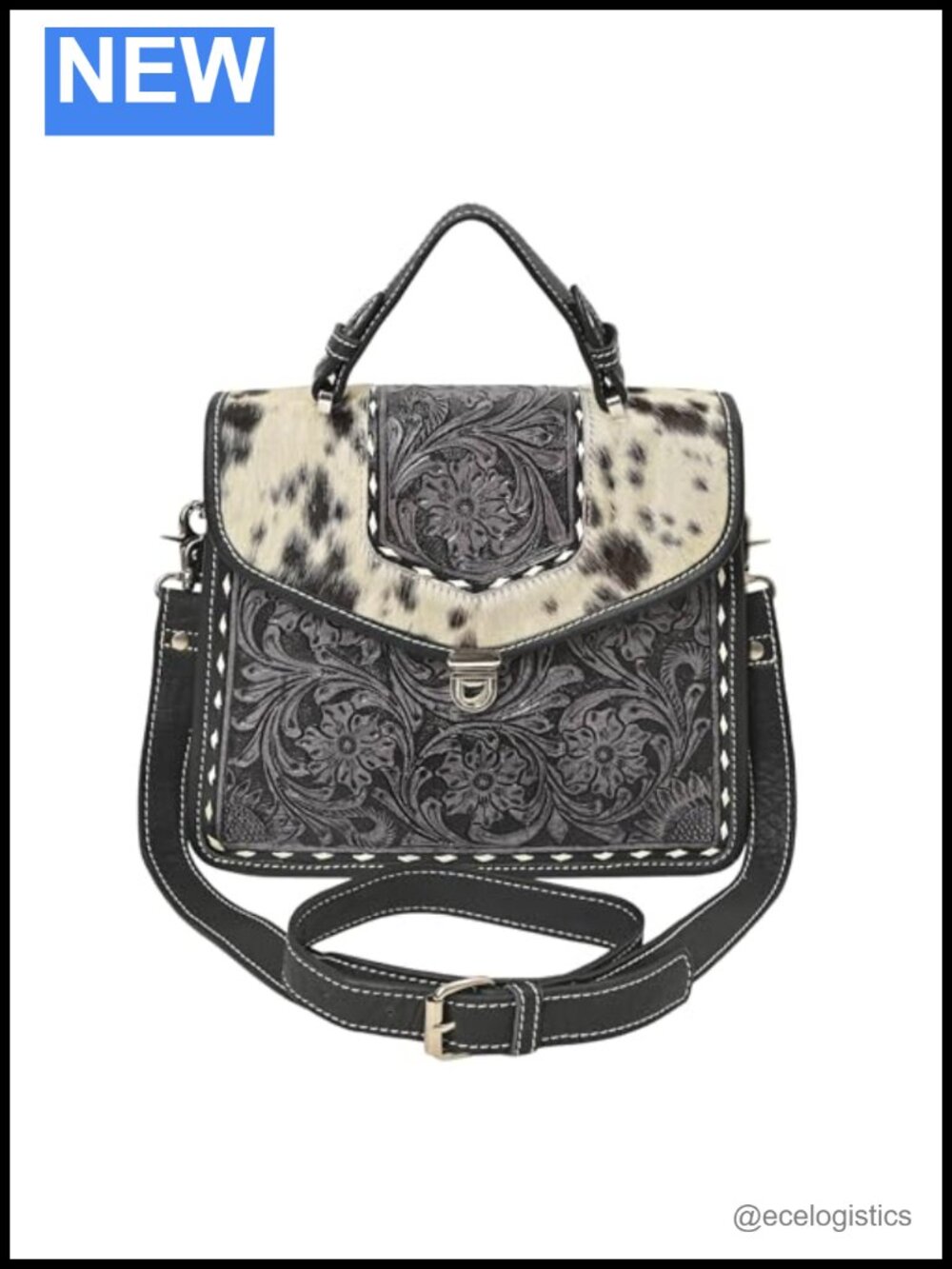 Western Cowhide Leather Crossbody Bag Handtooled Purse Hair-On Adjustable Strap